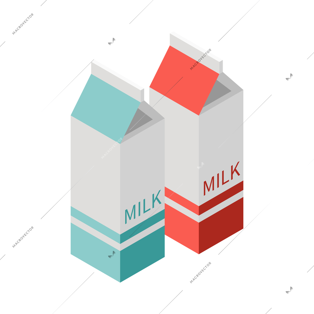 Milk production isometric composition with isolated images of two carton packs of milk vector illustration