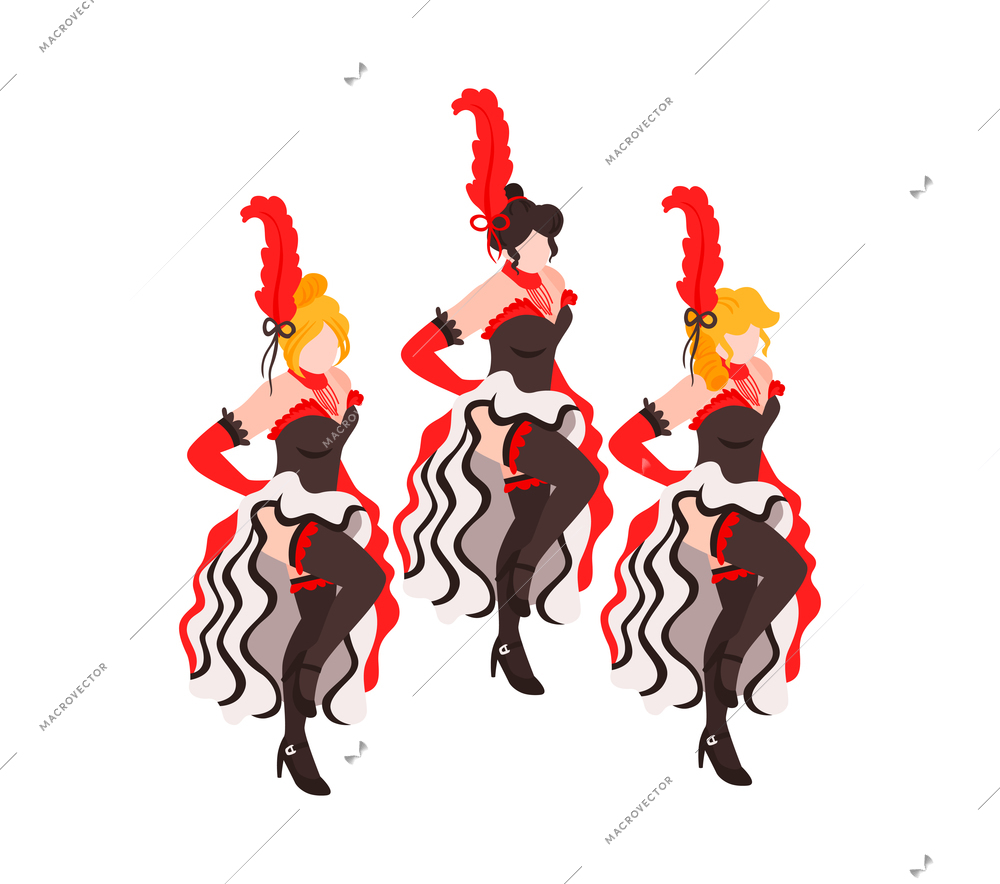 Cabaret show composition with dancing women group with colorful exotic cancan dress and feathers isometric vector illustration