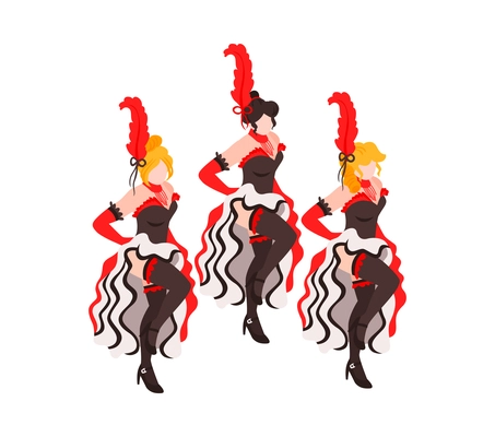 Cabaret show composition with dancing women group with colorful exotic cancan dress and feathers isometric vector illustration