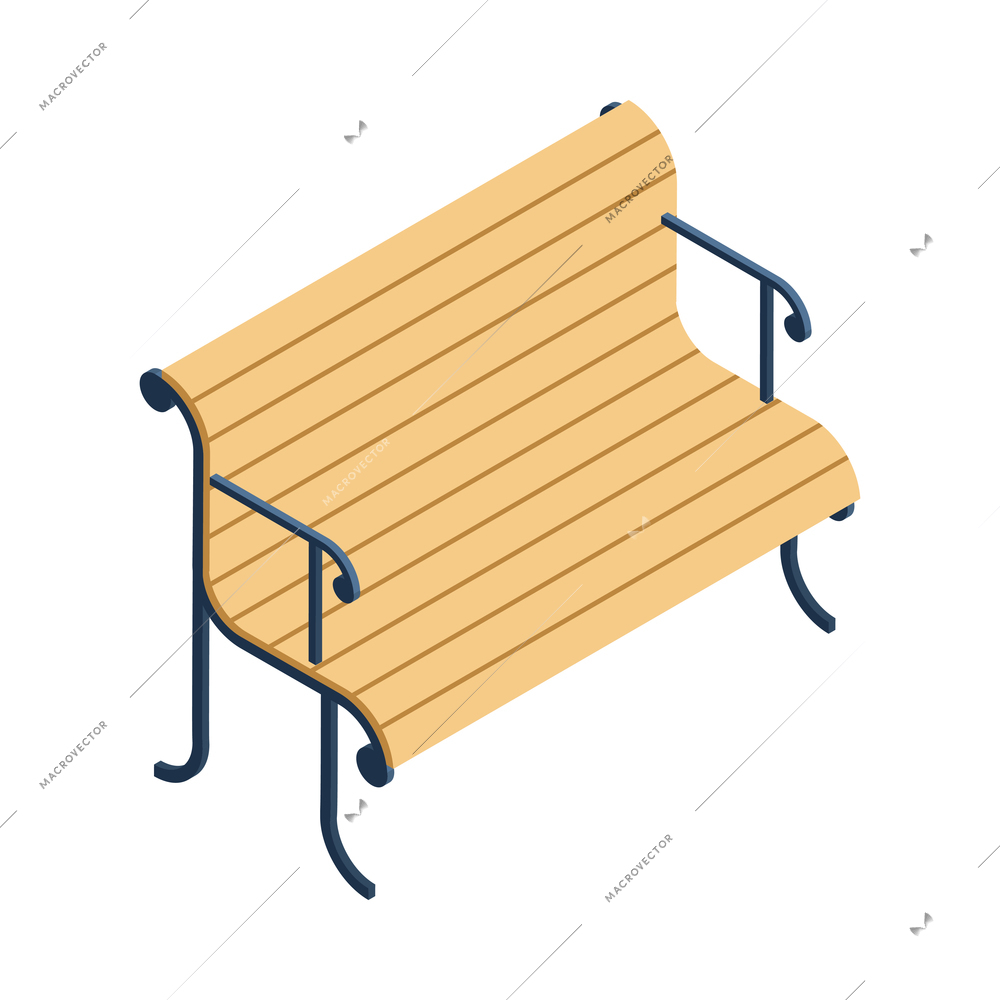 Isometric city park elements composition with image of wooden bench with curved back on blank background vector illustration