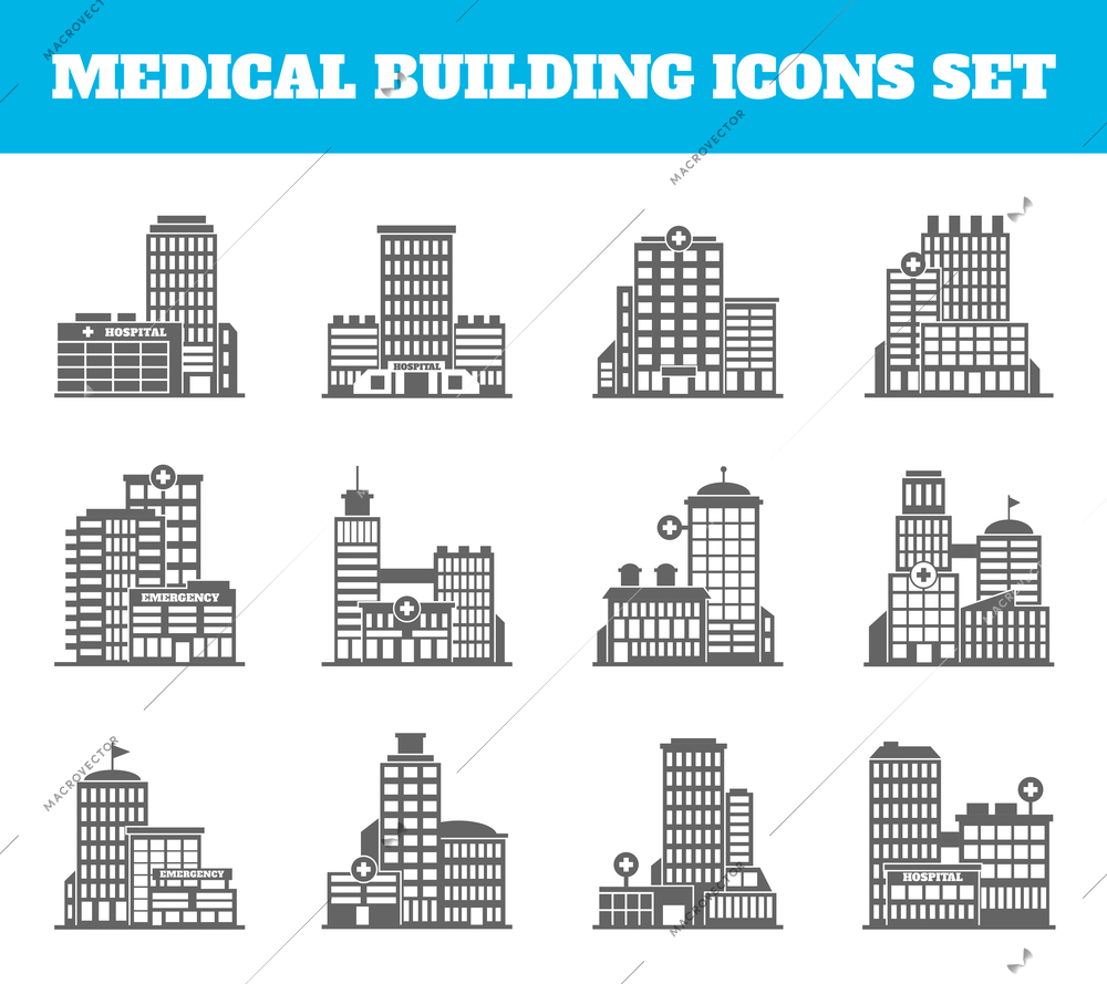 Medical building healthcare first aid modern hospital black icons set isolated vector illustration