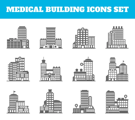 Medical building healthcare first aid modern hospital black icons set isolated vector illustration