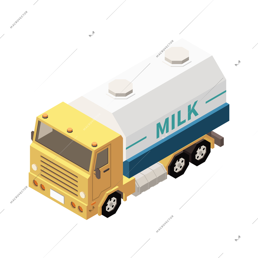 Milk production isometric composition with isolated image of milk truck on blank background vector illustration