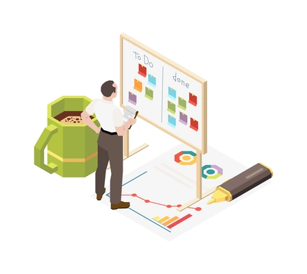 Time management planning schedule deadline isometric composition with character of worker with board of tasks vector illustration