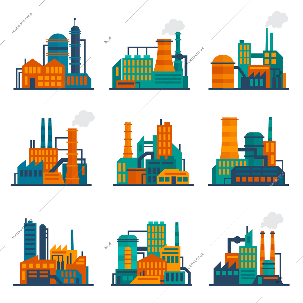 Industrial city construction building factories and plants flat icons set isolated vector illustration