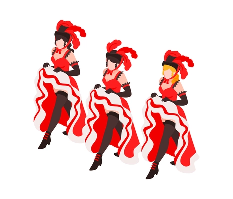 Cabaret show composition with dancing women group with colorful exotic cancan dress and feathers isometric vector illustration