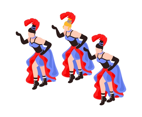 Cabaret show composition with dancing women group with colorful exotic cancan dress and feathers isometric vector illustration