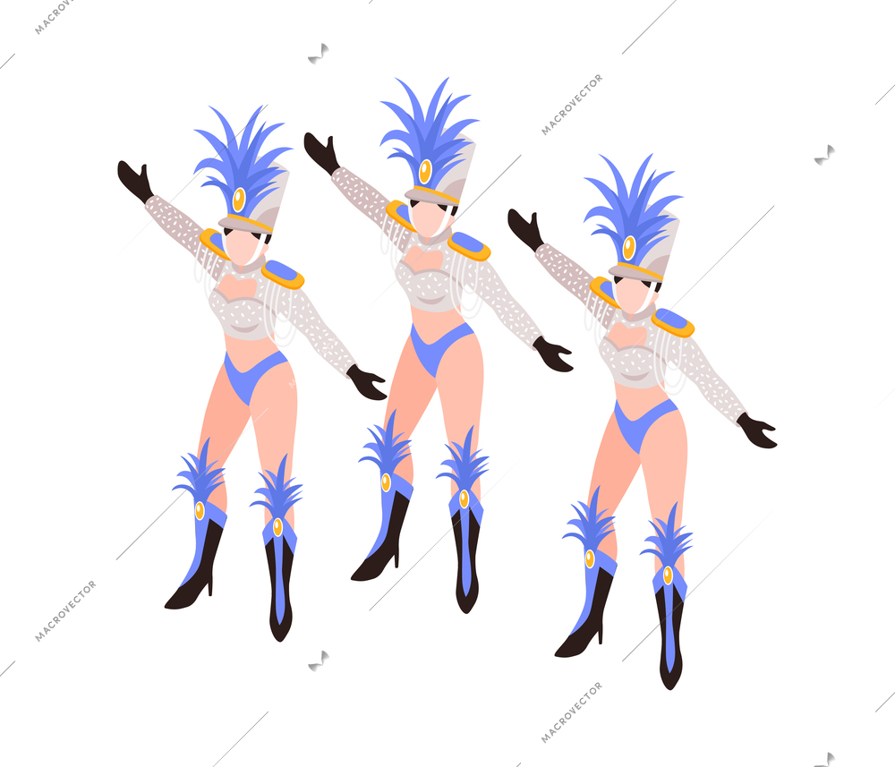 Cabaret show composition with dancing women group with colorful exotic cancan dress and feathers isometric vector illustration