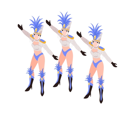 Cabaret show composition with dancing women group with colorful exotic cancan dress and feathers isometric vector illustration