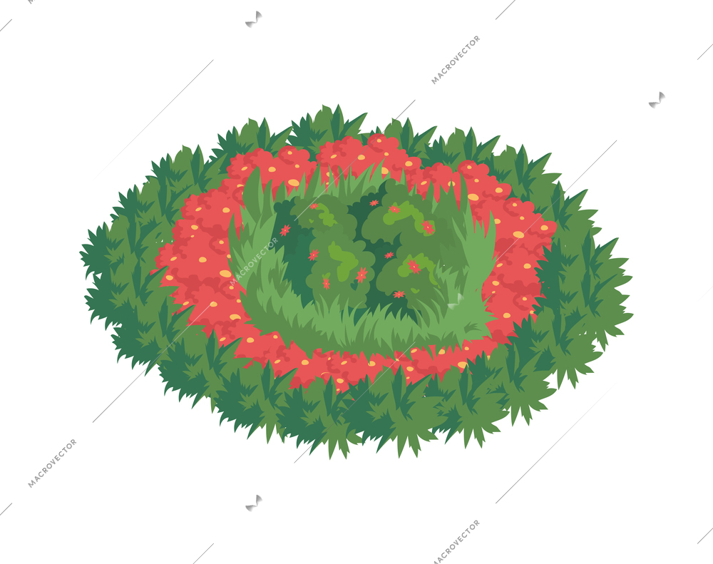 Isometric city park elements composition with isolated image of round flowerbed with grass on blank background vector illustration