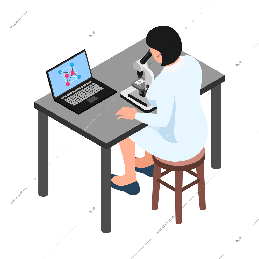 Isometric pharmaceutic laboratory research scientists composition with isolated character of female with laptop and microscope vector illustration