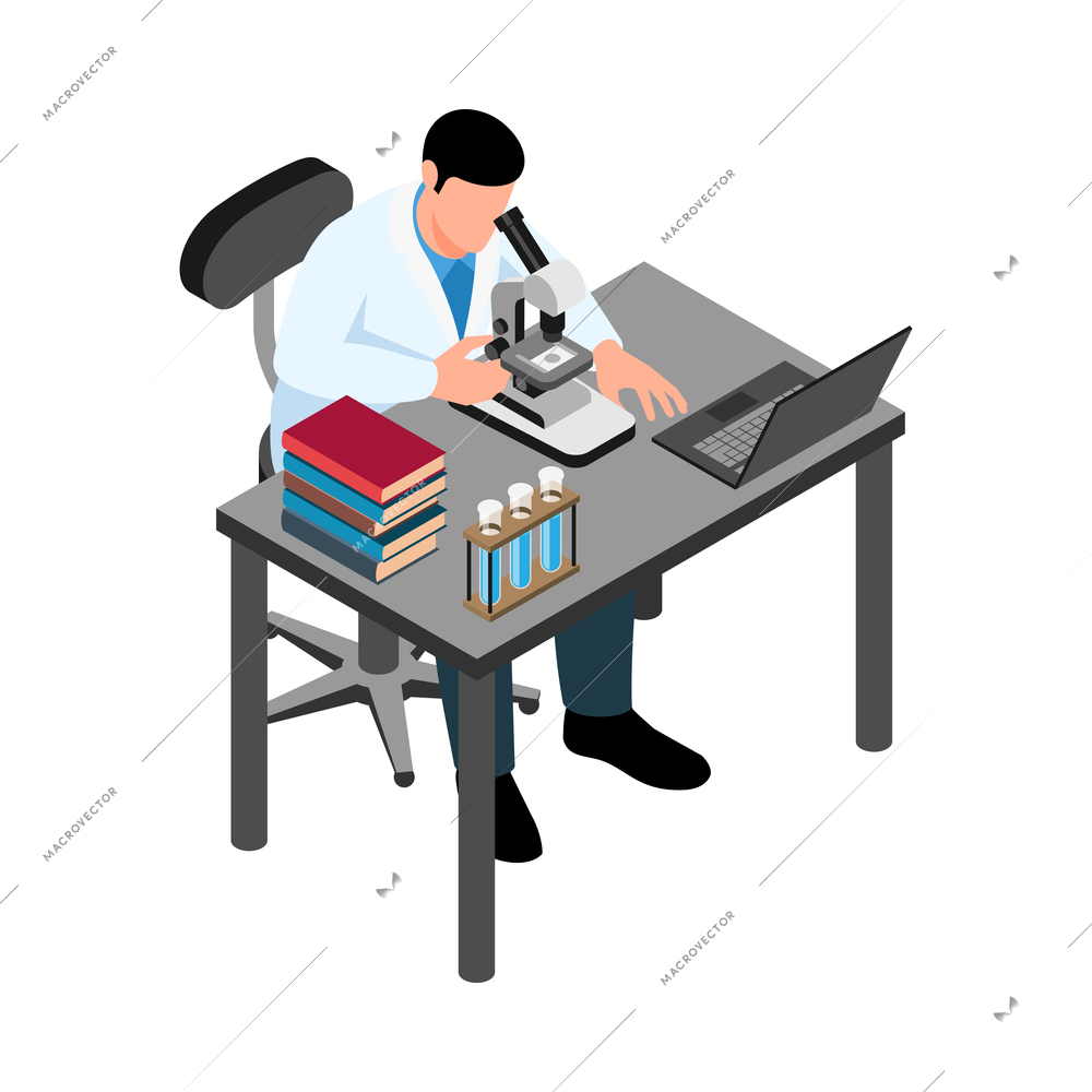 Isometric pharmaceutic laboratory research scientists composition with isolated character of scientist at working place vector illustration