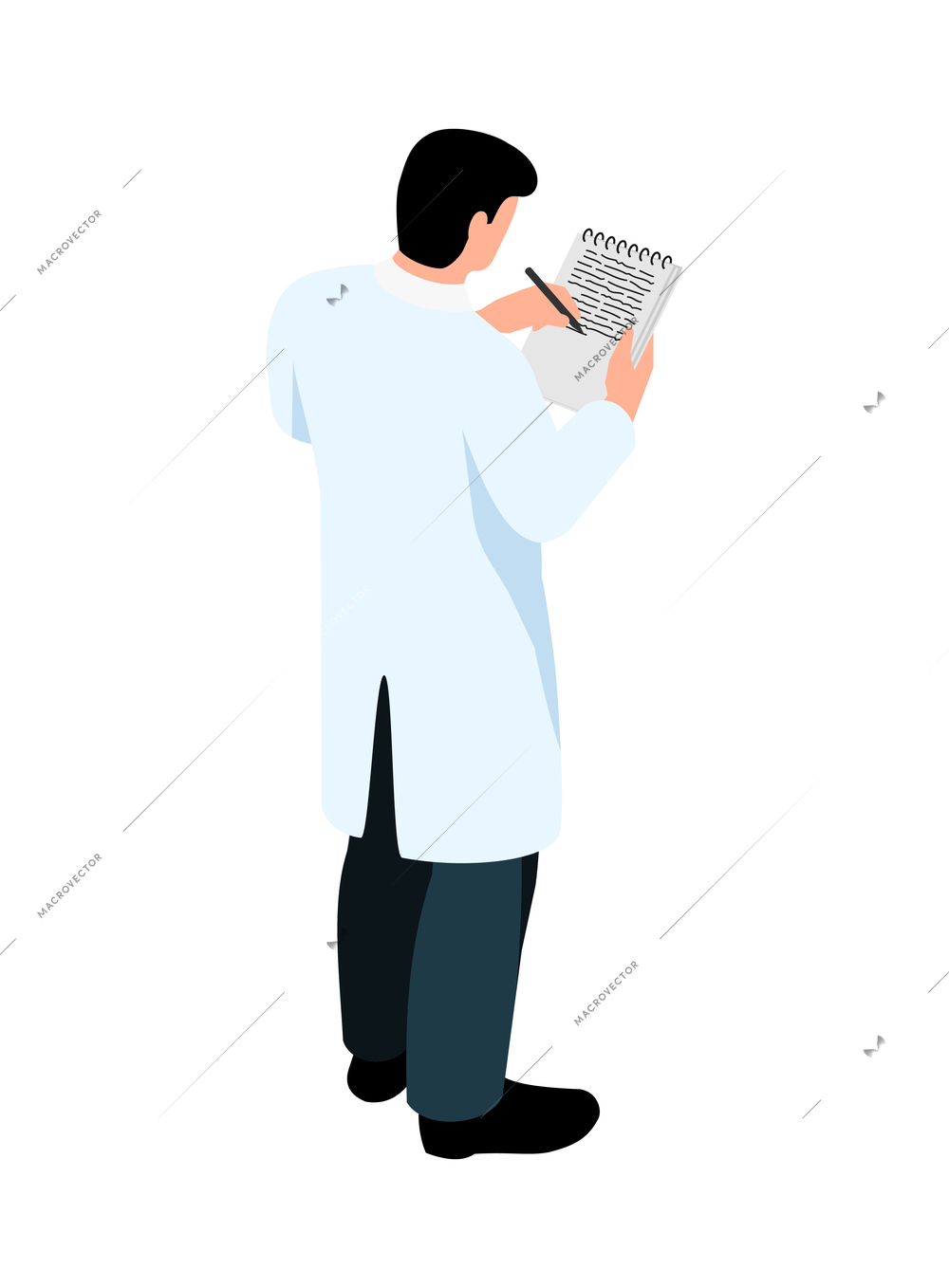 Isometric pharmaceutic laboratory research scientists composition with isolated character of scientist writing to notebook vector illustration