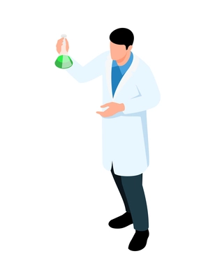 Isometric pharmaceutic laboratory research scientists composition with isolated character of scientist holding glass vial vector illustration