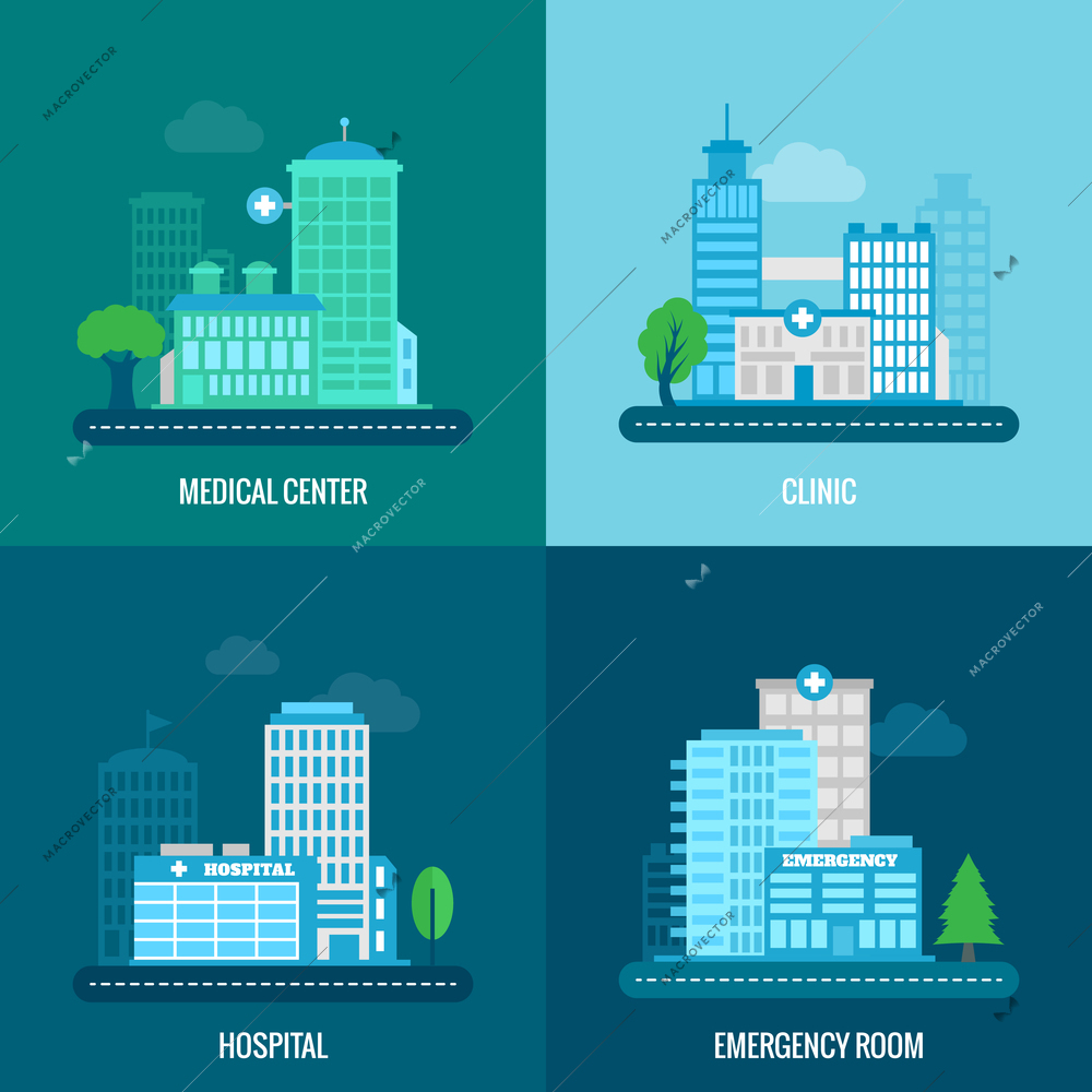 Medical building flat icons set with center clinic hospital emergency room isolated vector illustration