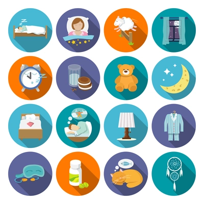 Sleep time icons flat set with window milk and cookies isolated vector illustration