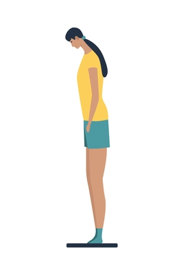 Healthy lifestyle flat composition with isolated character of woman weighing herself on blank background vector illustration