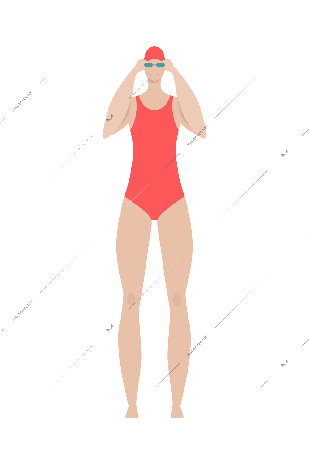 Healthy lifestyle flat composition with isolated character of woman wearing swimsuit and watersport goggles on blank background vector illustration