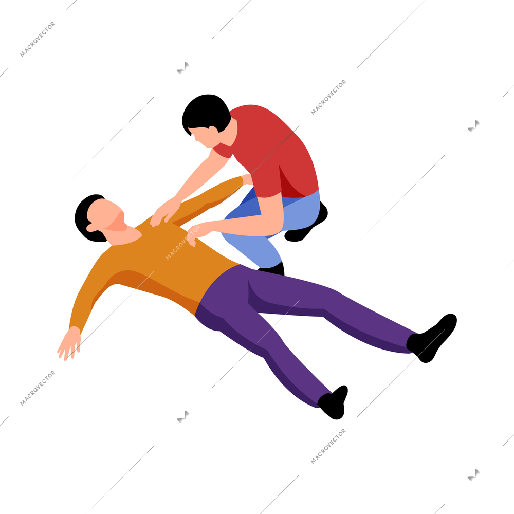 Isometric allergy composition with human characters of lying man and helping mate on blank background vector illustration