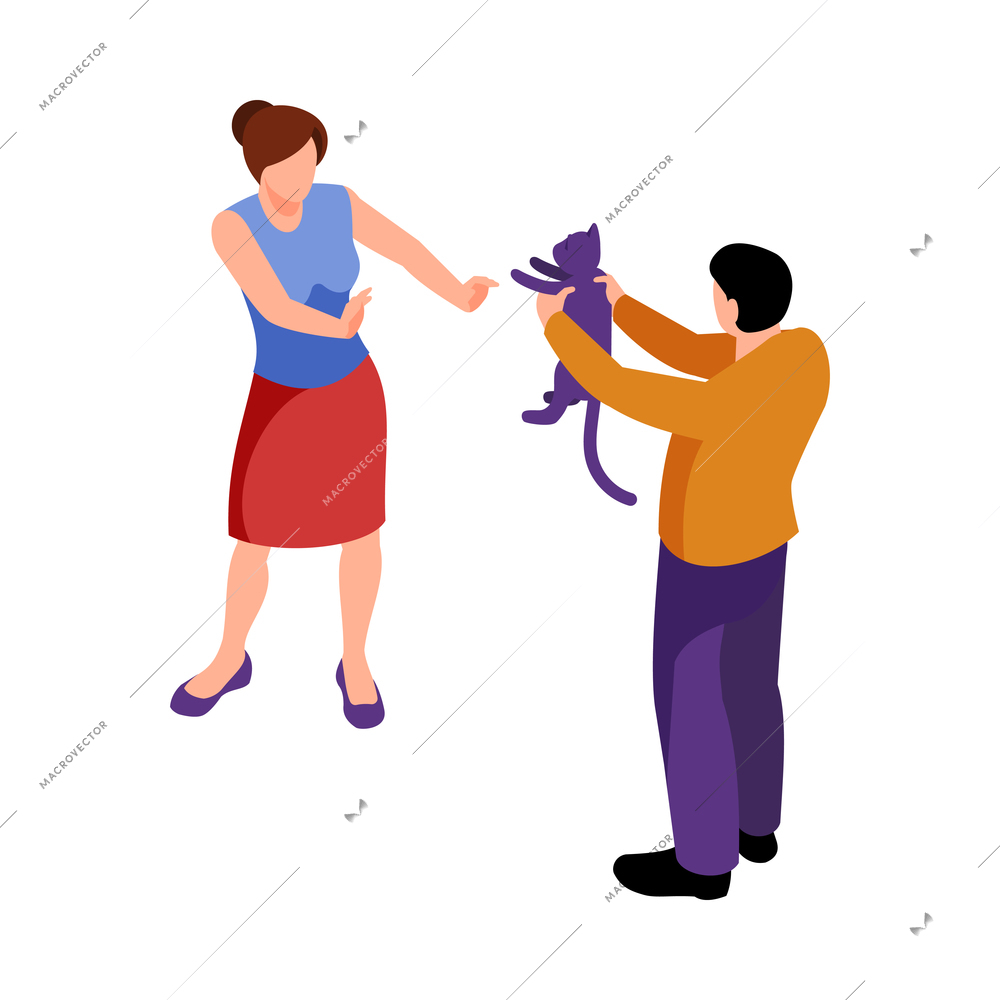 Isometric allergy composition with human characters of man holding cat and woman on blank background vector illustration