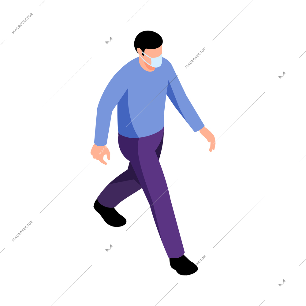 Isometric allergy composition with character of man walking in mask on blank background vector illustration