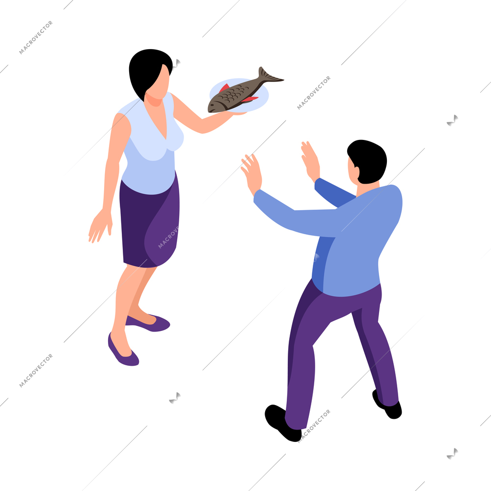 Isometric allergy composition with human characters of woman holding fish and man on blank background vector illustration