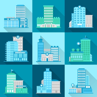 Medical building healthcare urban structure modern hospital flat icons set isolated vector illustration