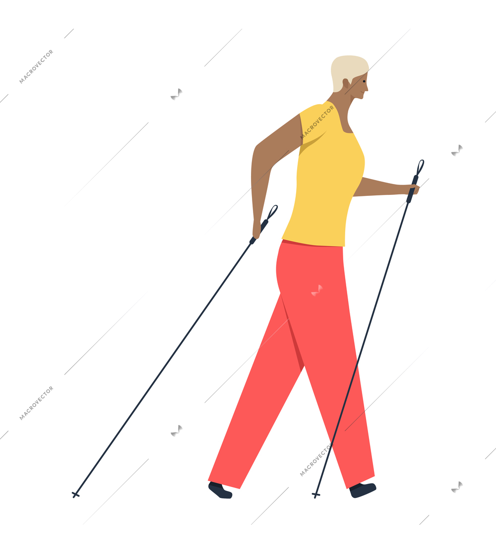 Healthy lifestyle flat composition with isolated character of woman walking with two sticks on blank background vector illustration