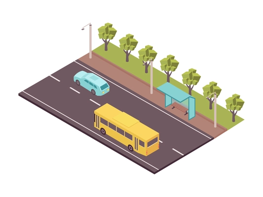 Road set isometric composition with view of motorway with moving car bus stop shelter and trees vector illustration