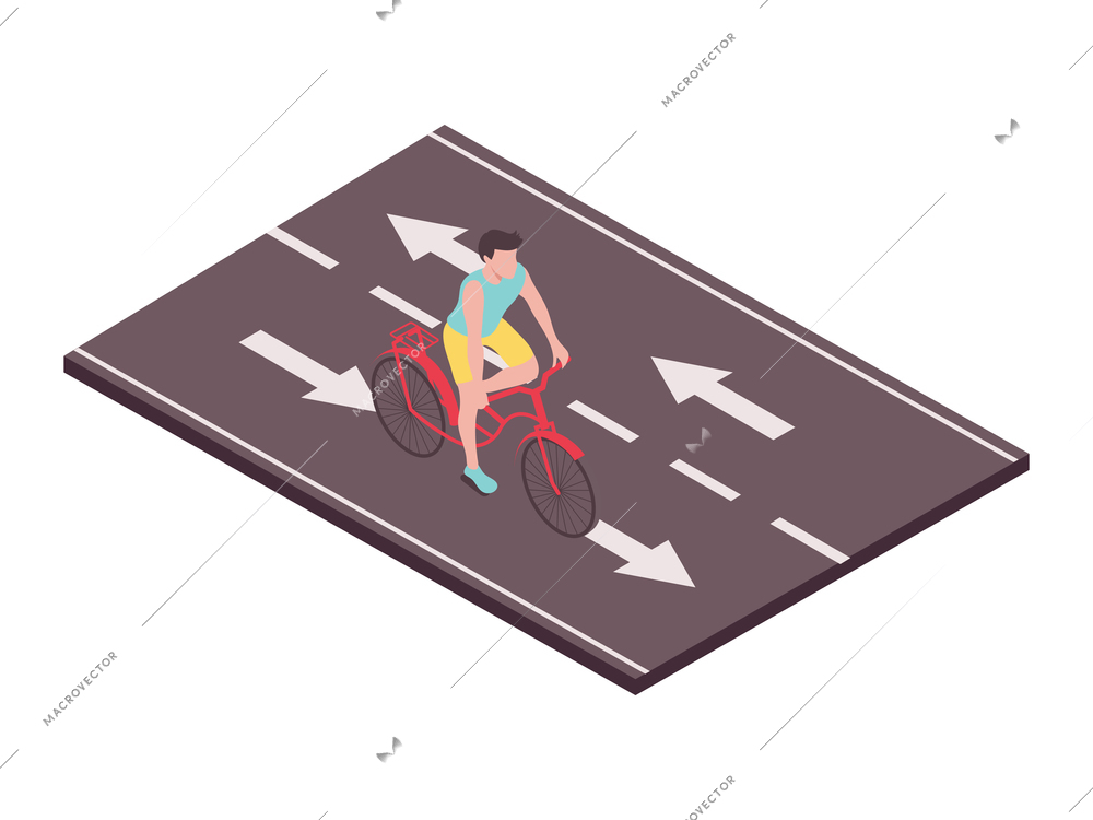 Road set isometric composition with view of moving bicycle on lane with arrow marks vector illustration