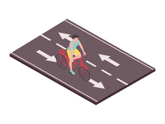 Road set isometric composition with view of moving bicycle on lane with arrow marks vector illustration