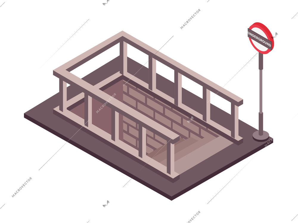 Road set isometric composition with stairway entrance to underground subway station with sign vector illustration