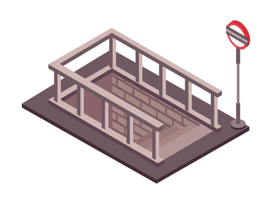 Road set isometric composition with stairway entrance to underground subway station with sign vector illustration