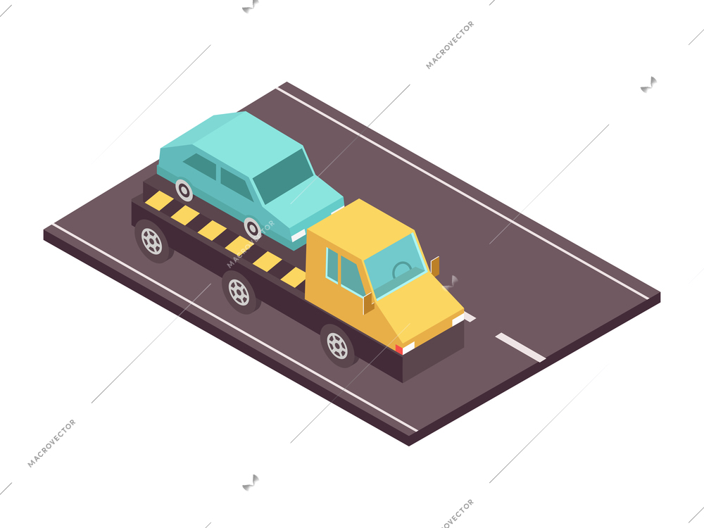 Road set isometric composition with view of tow truck carrying car on motorway vector illustration