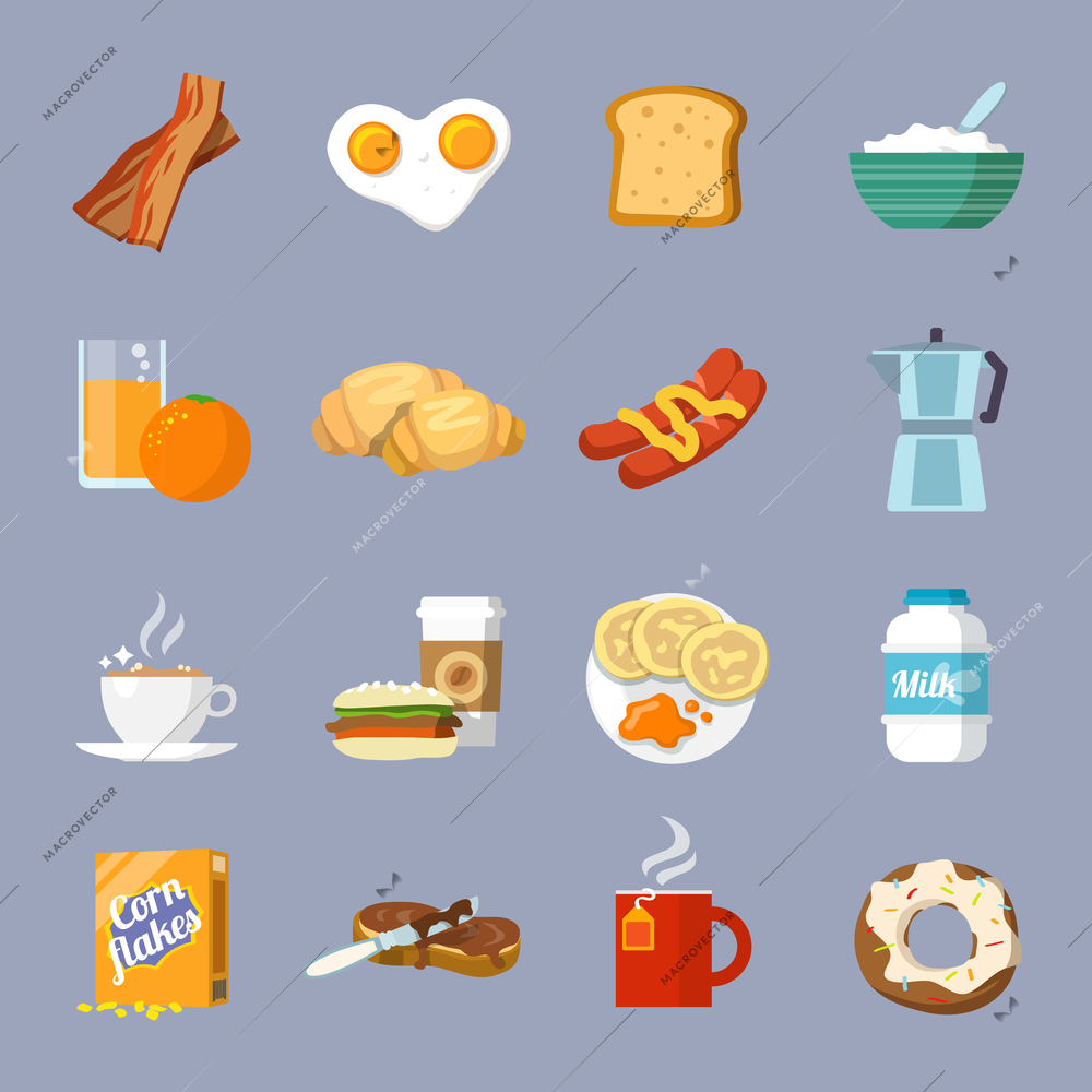 Breakfast fresh food and drinks flat icons set with eggs bread croissant bacon isolated vector illustration