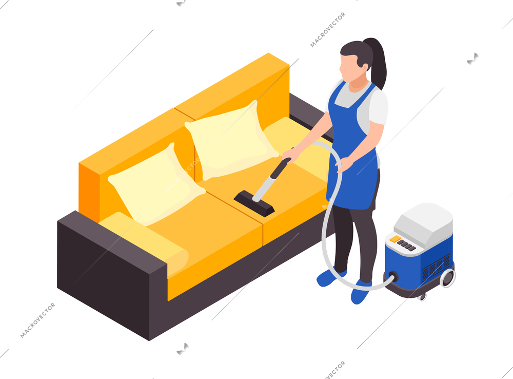 Professional cleaning service isometric composition with character of female worker cleaning sofa on blank background vector illustration