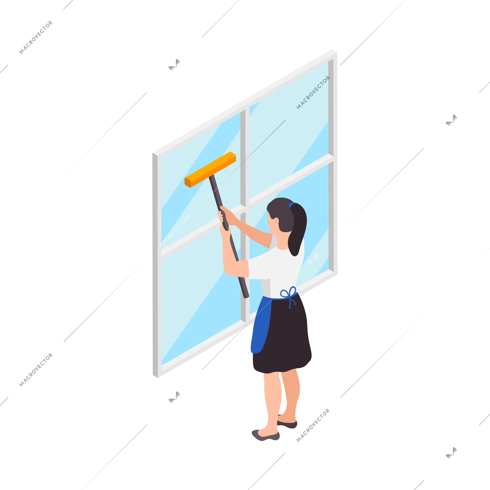 Professional cleaning service isometric composition with character of female worker washing window on blank background vector illustration
