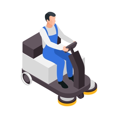 Professional cleaning service isometric composition with character of man operating cleaning vehicle on blank background vector illustration