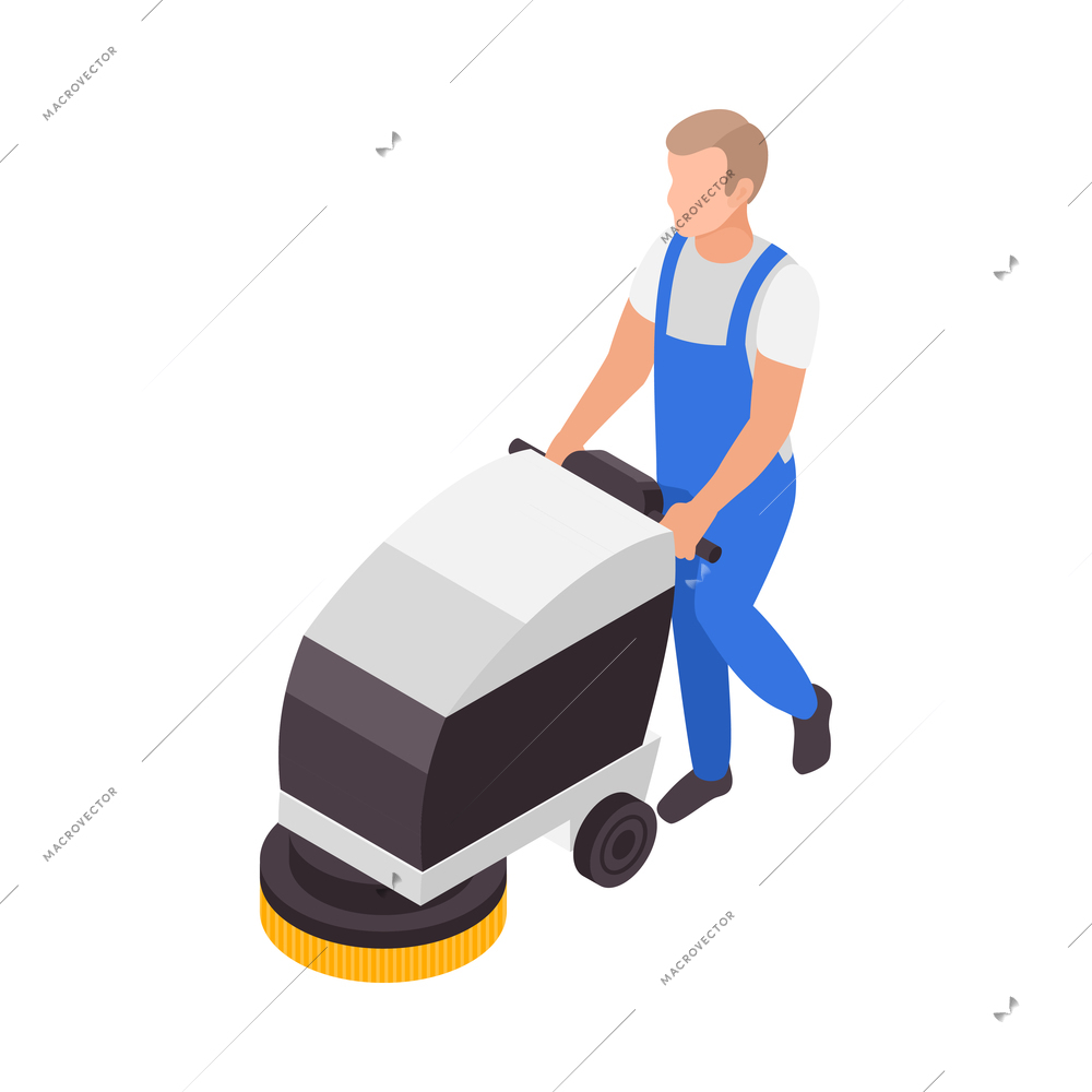 Professional cleaning service isometric composition with character of man operating cleaning machine on blank background vector illustration