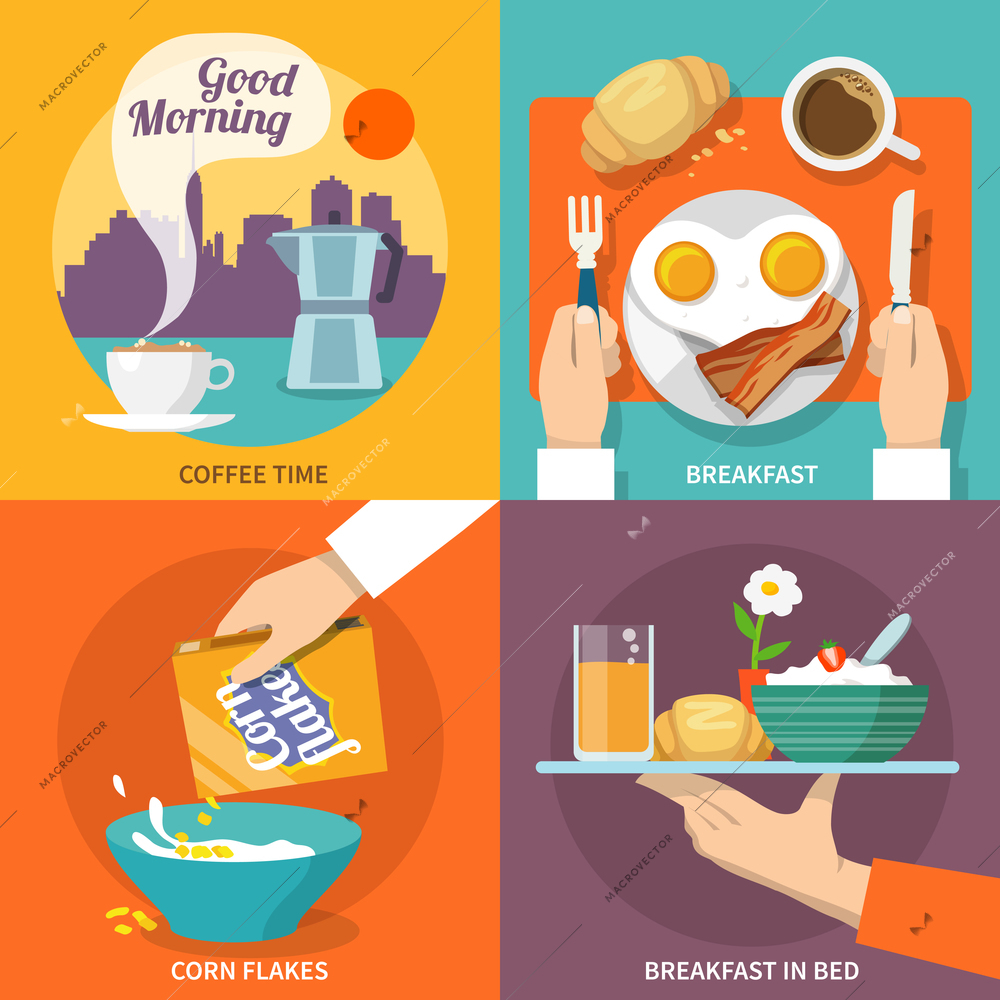 Breakfast icons flat set with coffee time corn flakes bed isolated vector illustration