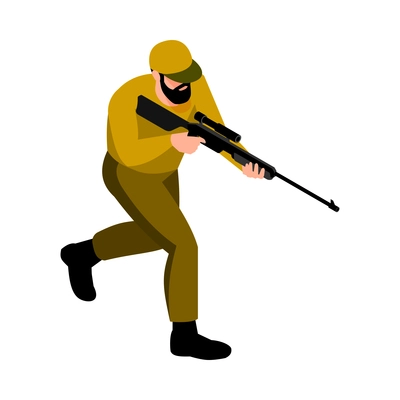 Isometric safari composition with isolated human character of running man pointing rifle on blank background vector illustration