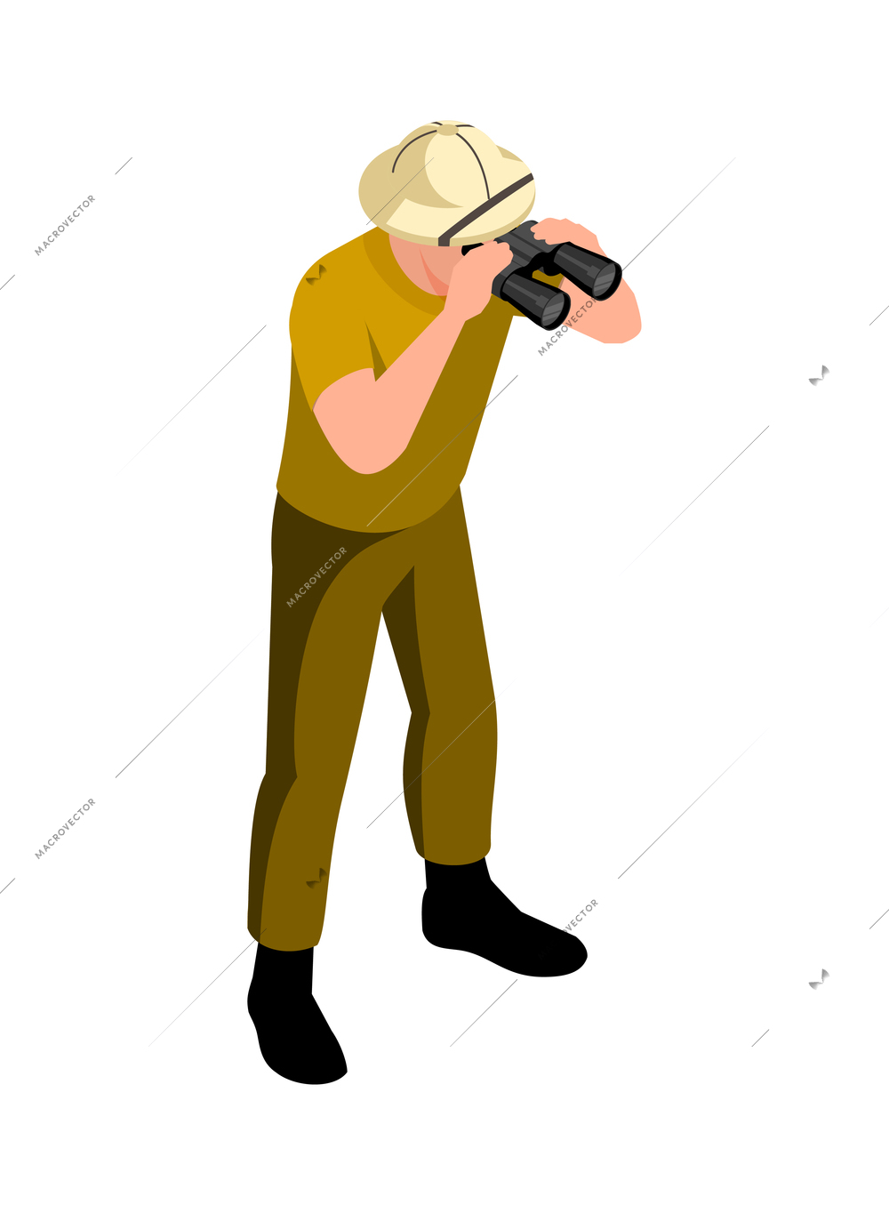 Isometric safari composition with isolated human character of man looking in binocular on blank background vector illustration