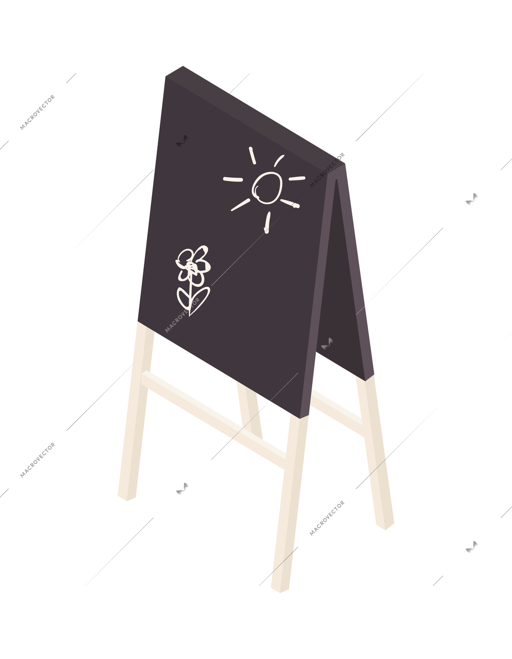 Kindergarten isometric composition with isolated image of blackboard with chalk drawings on easel on blank background vector illustration