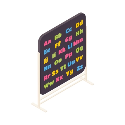 Kindergarten isometric composition with isolated image of board with chart of colorful letters on blank background vector illustration