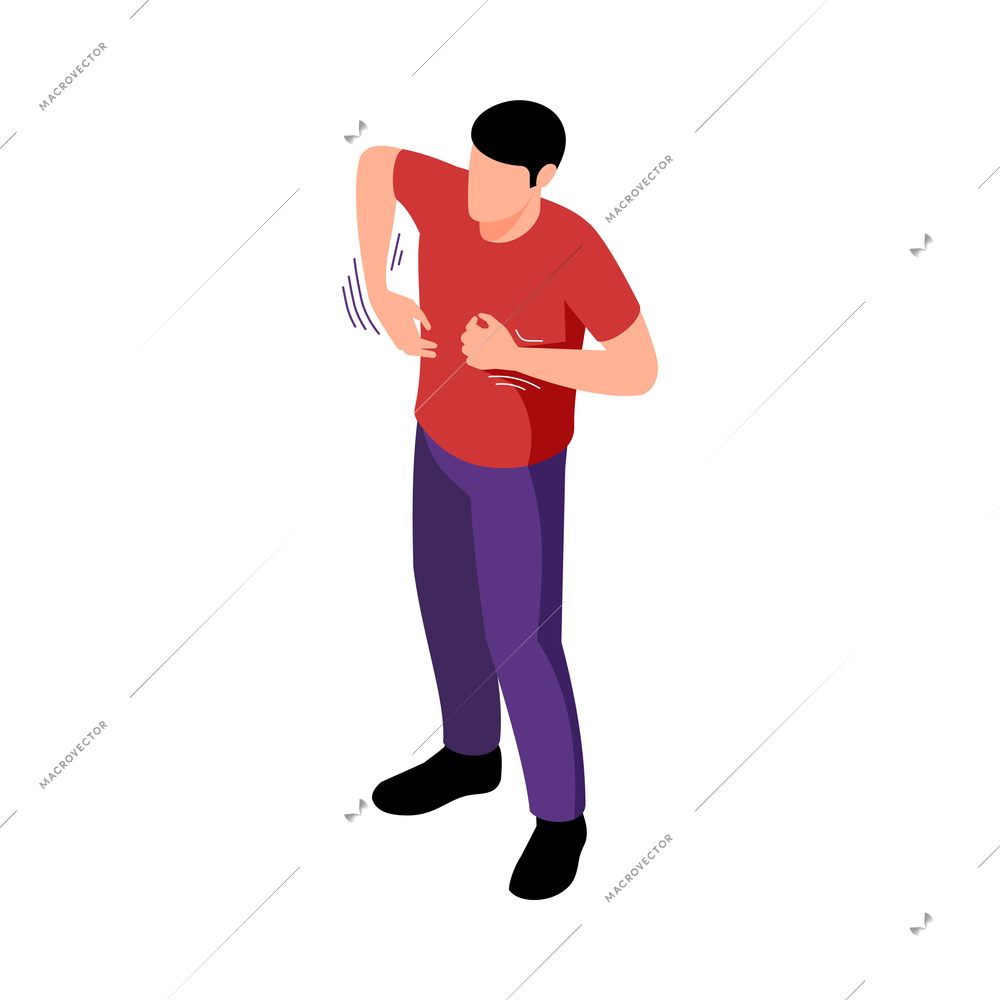 Isometric allergy composition with character of man suffering from shivering on blank background vector illustration