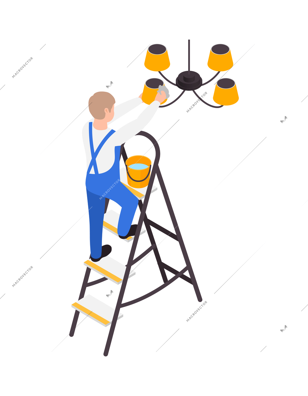 Professional cleaning service isometric composition with character of male worker cleaning chandelier on ladder vector illustration