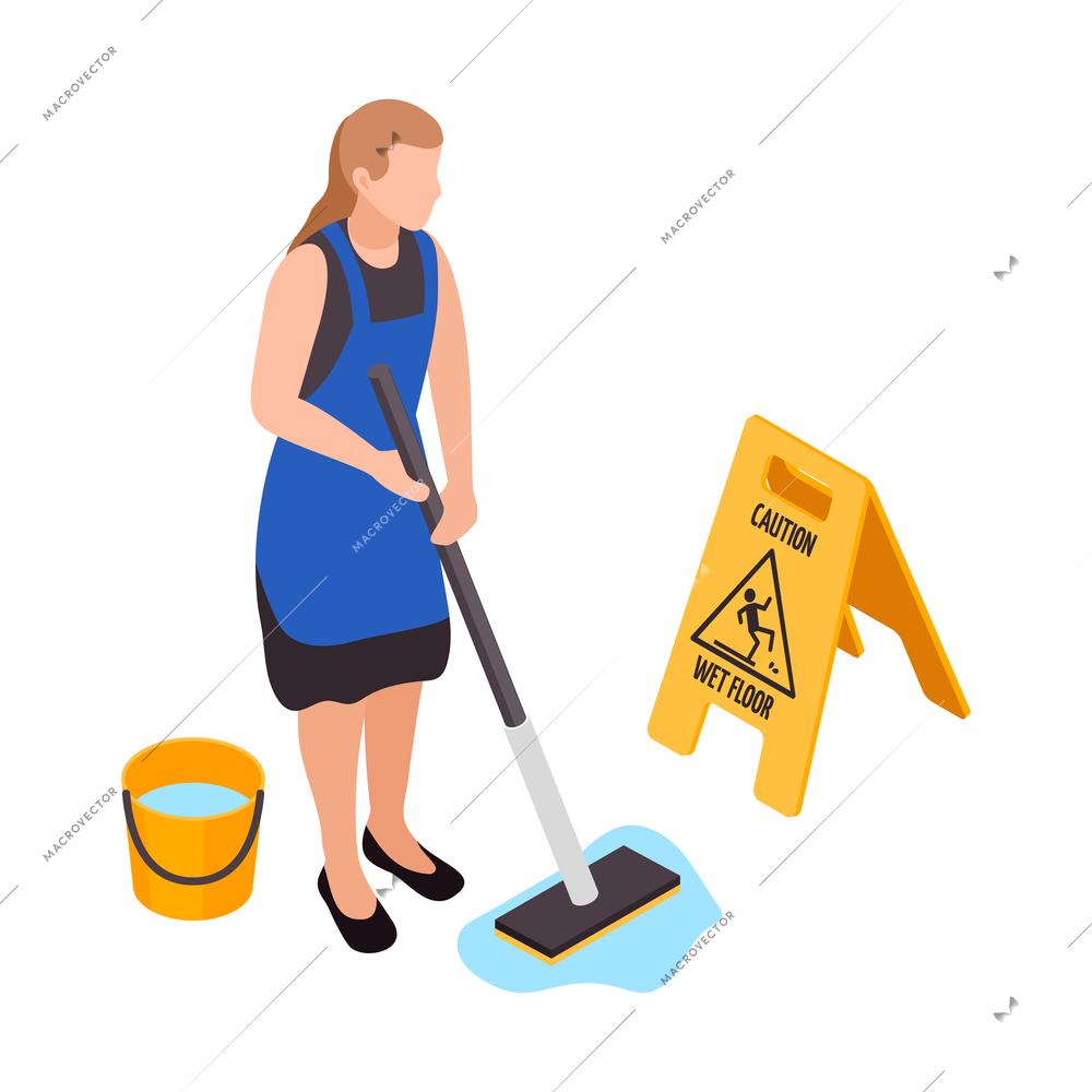 Professional cleaning service isometric composition with character of woman performing wet cleanup on blank background vector illustration