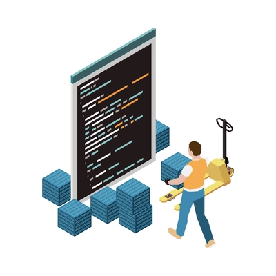 Programming development isometric composition with character of programmer moving cubes of code with forklift vector illustration