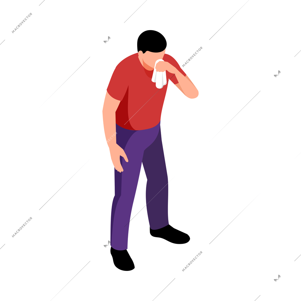 Isometric allergy composition with human character of man sneezing in cloth on blank background vector illustration