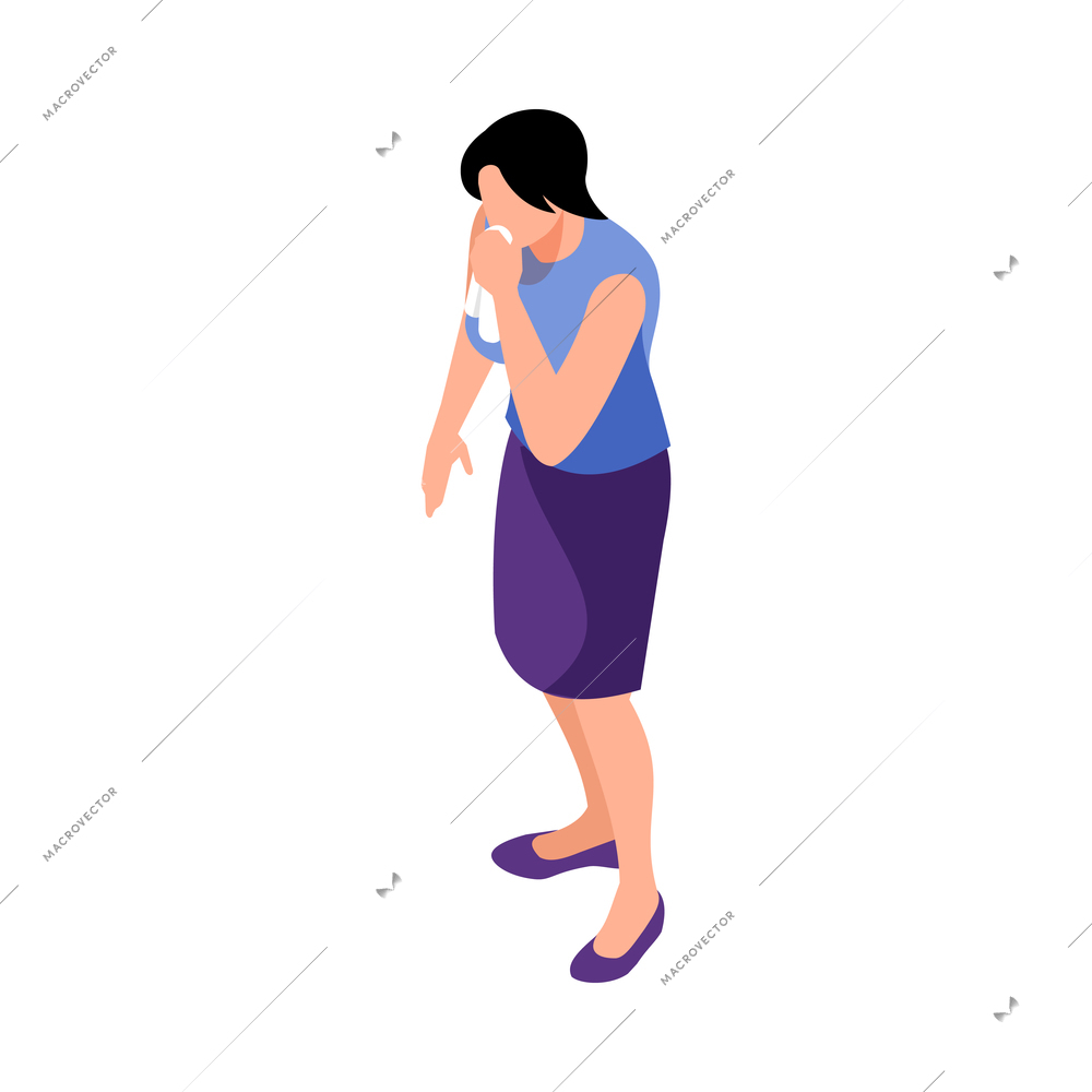 Isometric allergy composition with human character of woman sneezing in cloth on blank background vector illustration